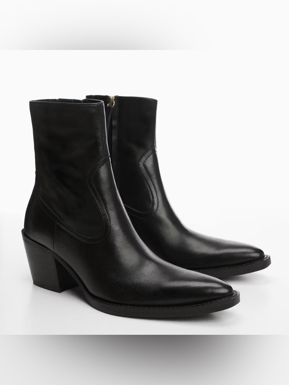 Mango Black Pointed Toe Western Style Leather Ankle Boots with Block Heel 8.5 US